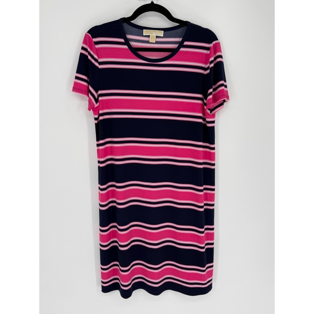 Michael Kors Dress Women's Large Pink Striped Short Sleeve Shift T-Shirt Casual